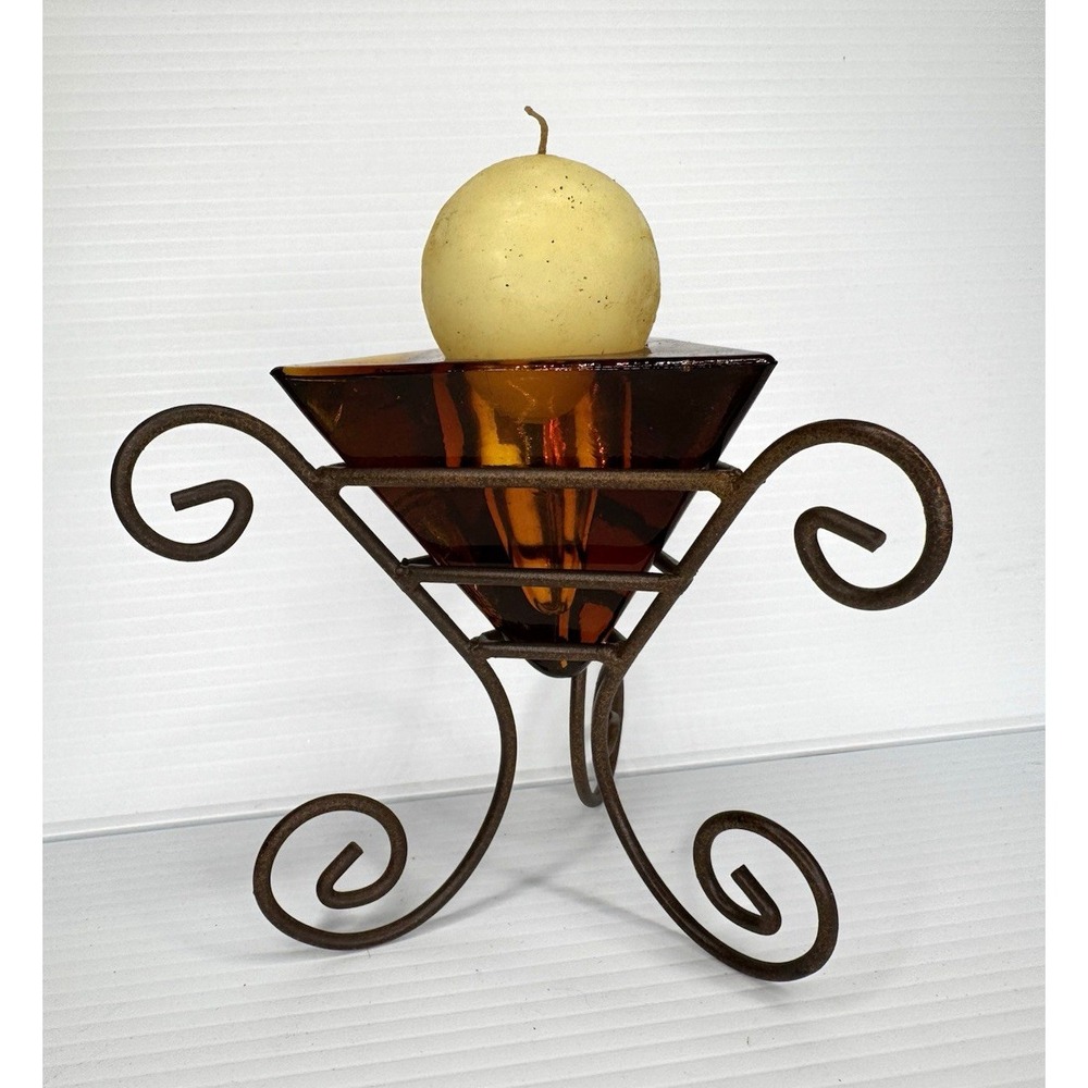 Zodax Amber Glass Triangle Candle Holder Metal Scrollwork Stand 7" Wide